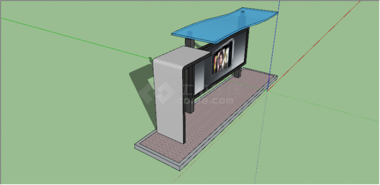 现代蓝色玻璃顶面公交站亭su模型-图二