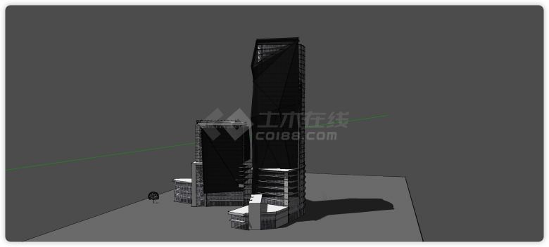 黑色一高一矮钻石外壳办公楼su模型-图二