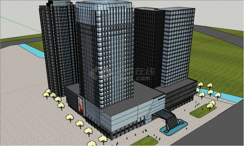 4幢高层大楼组合的带有LED广告牌的办公大楼su模型-图二