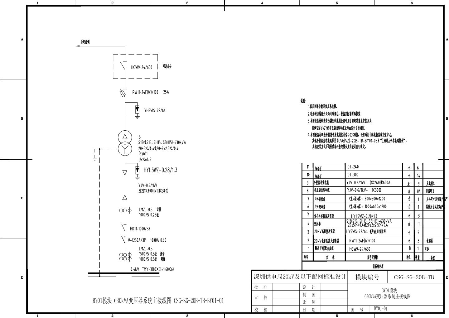 BY01模块630kVA变压器系统主接线图