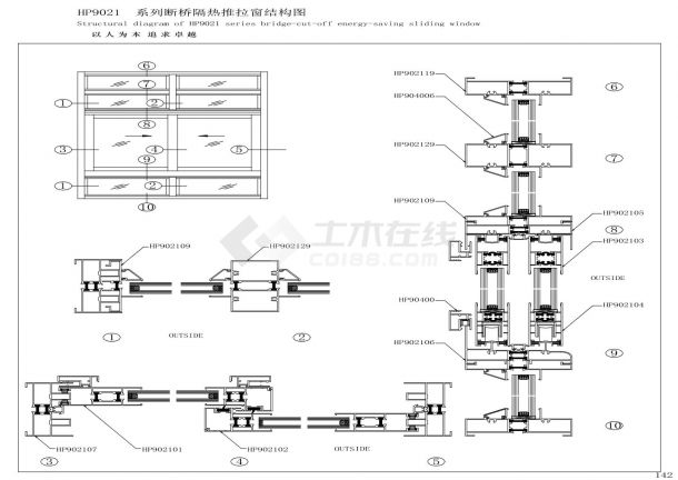 HP904-HP9021-HP902隔热推拉窗大样图-图一