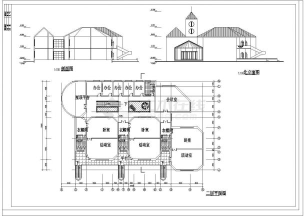 某幼儿园建筑平立剖面CAD布置图-图二