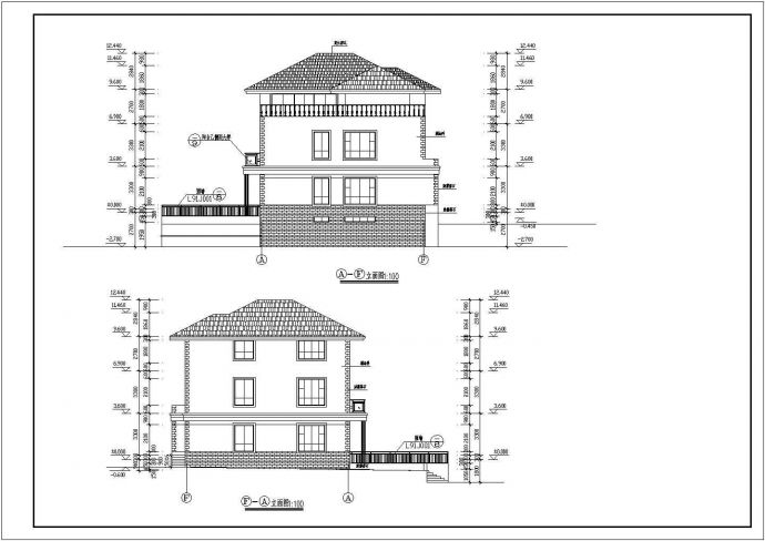 某三层别墅建筑设计图（长14.64米 宽13.84米）_图1