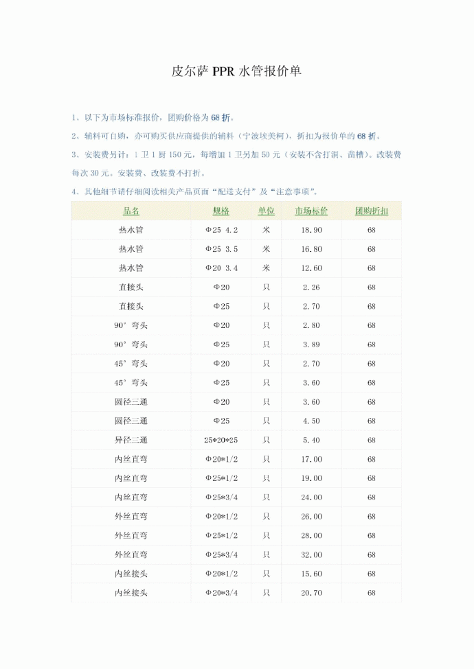 皮尔萨PPR水管报价单_图1