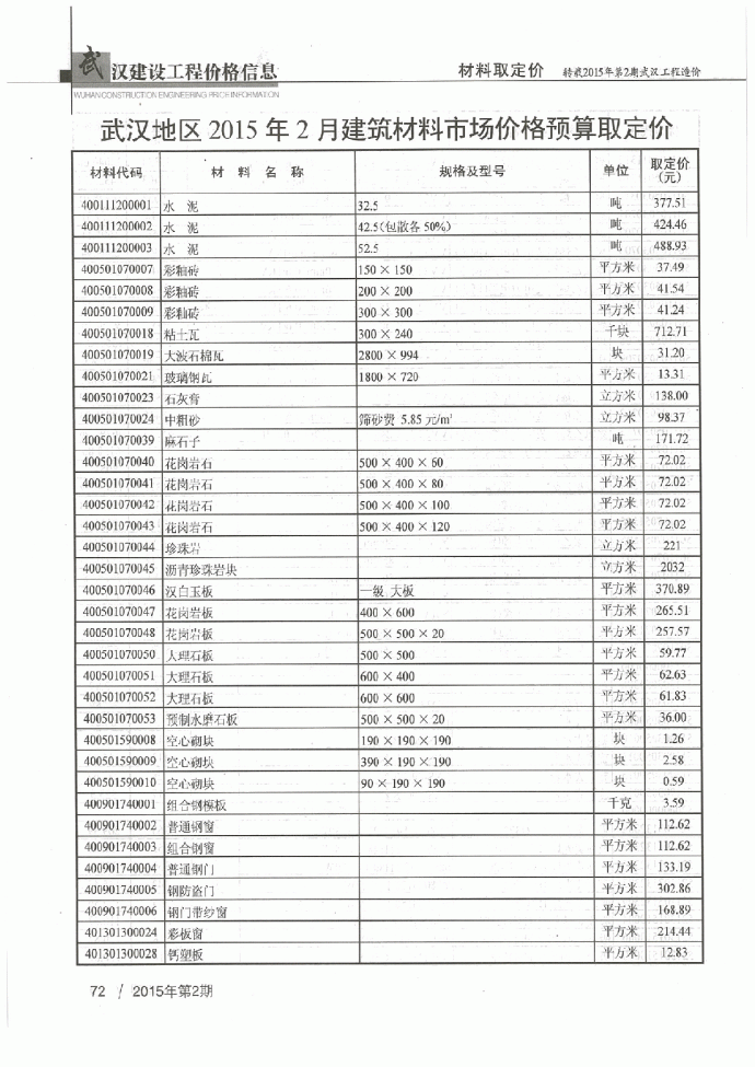 【武汉】建筑材料市场价格预算取定价（2015年2月）_图1