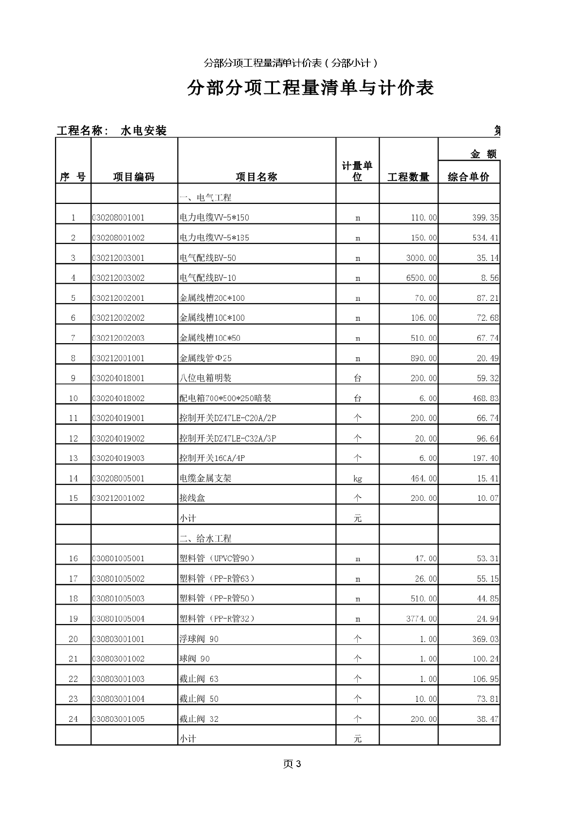 某辦公樓水電安裝工程量清單報價書