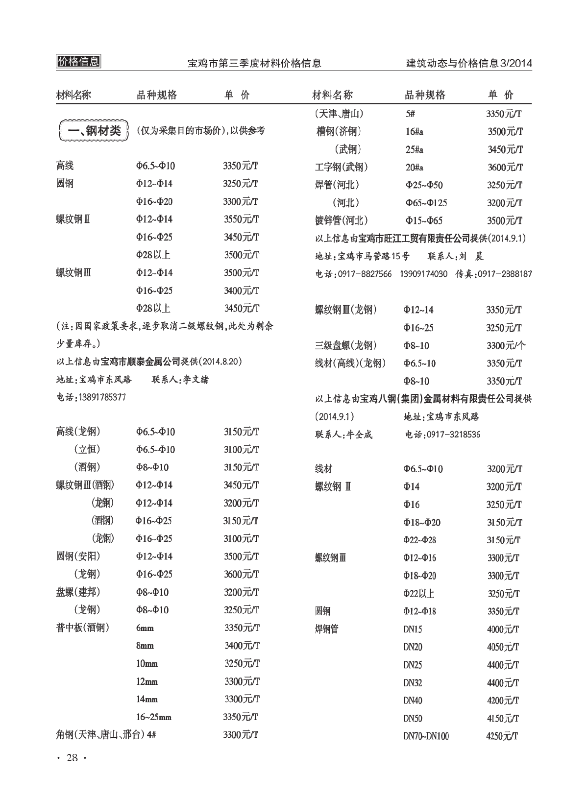【宝鸡】建设材料价格信息(造价信息42页)（2014年3季度）