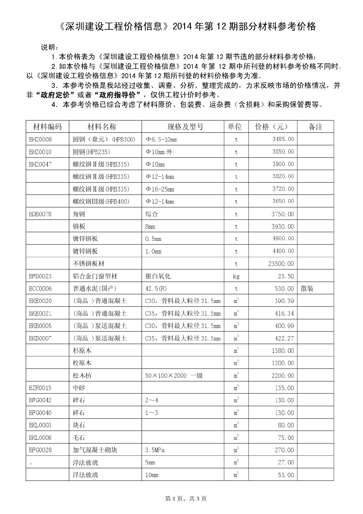 【深圳】建设工程部分材料价格信息（2014年12月）-图一
