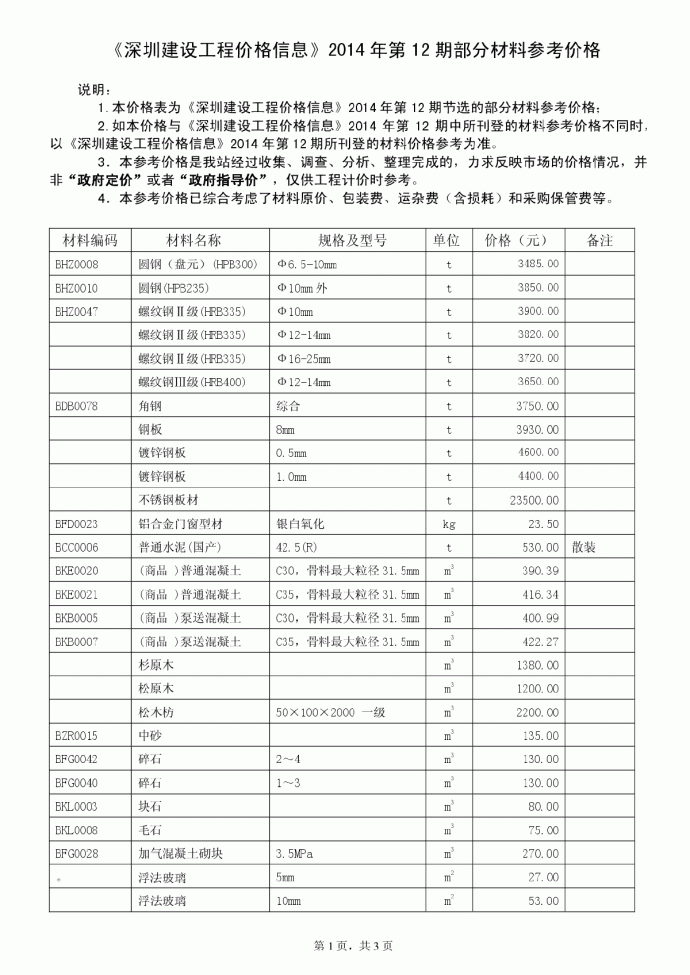 【深圳】建设工程部分材料价格信息（2014年12月）_图1