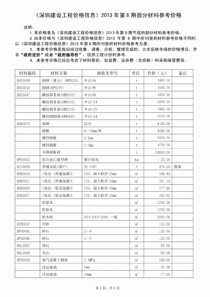 【深圳】建设工程材料价格信息（2013年8月）_图1
