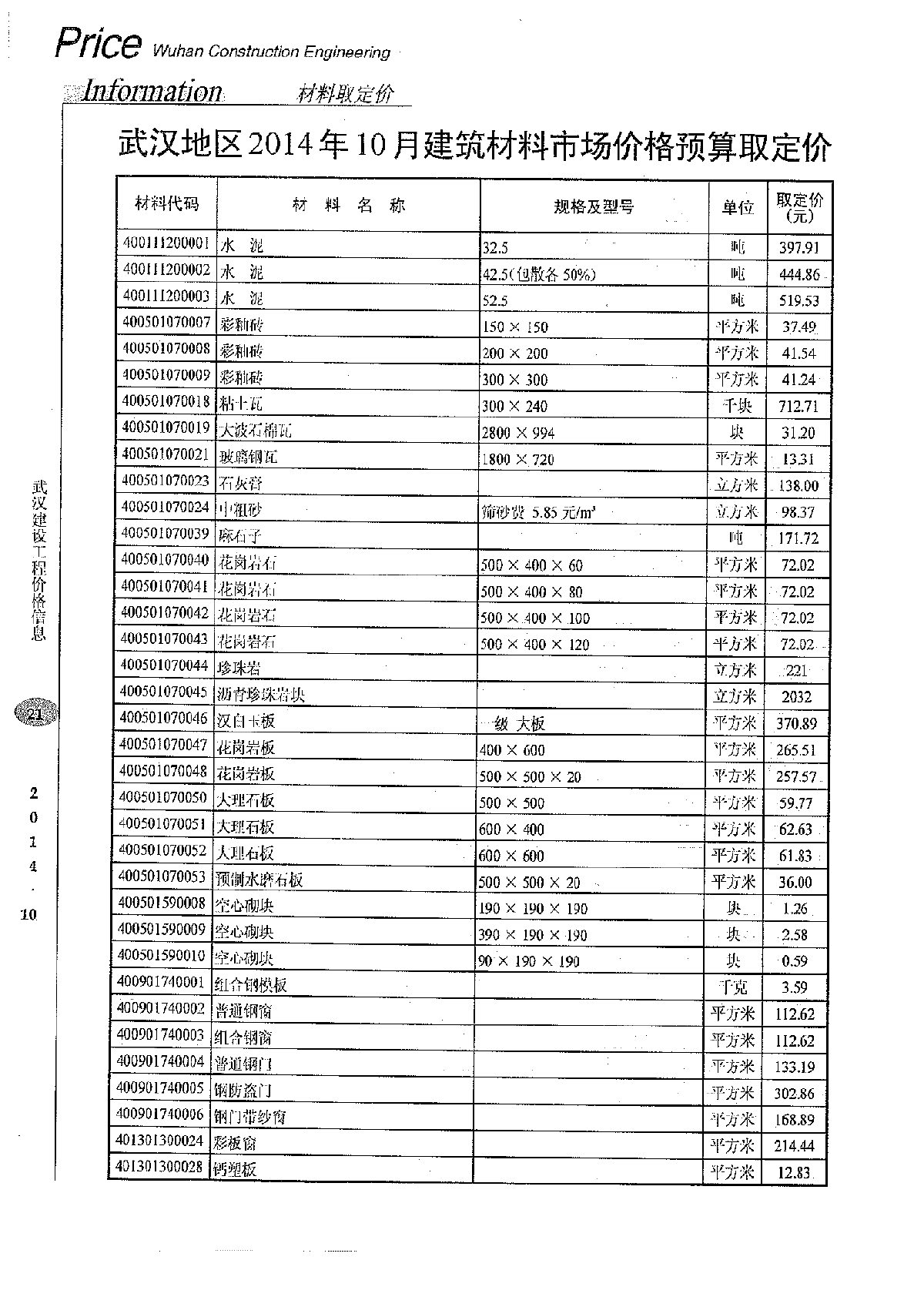 【武汉】建筑材料市场价格预算取定价（2014年10月）-图一