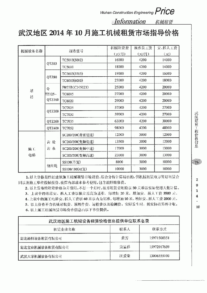 【武汉】施工机械租赁市场指导价。包括塔吊及施工电梯（2014年10月_图1