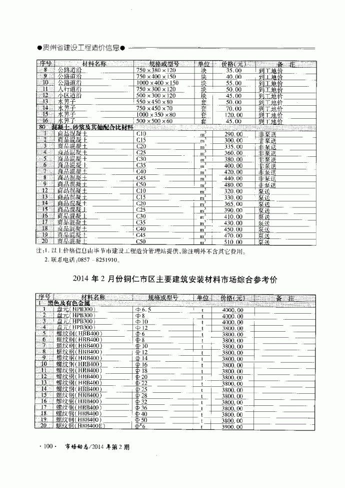 【贵州】铜仁建安工程材料价格信息（2014年2月）_图1