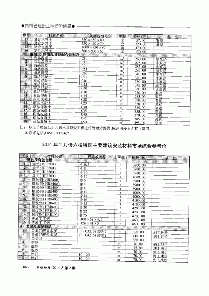 【贵州】六枝特区建安工程材料价格信息（2014年2月）_图1