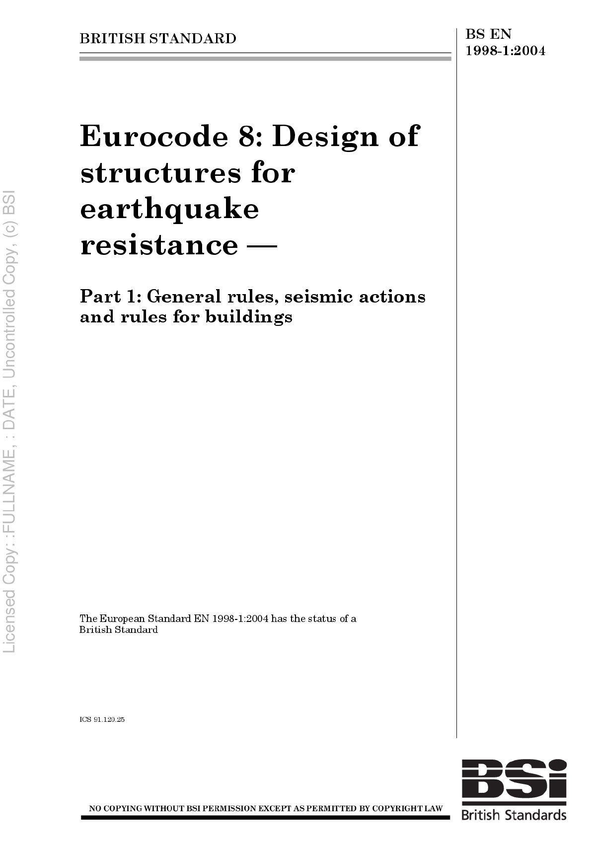 全套欧洲结构设计规范 EN 1998-1