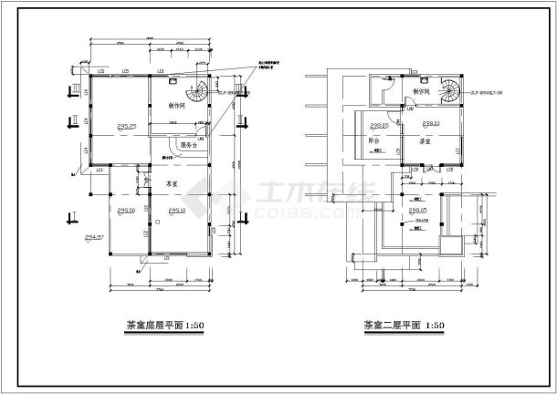 索道上部站茶室建筑施工设计CAD图-图二