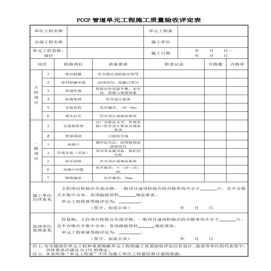 PCCP管道单元工程施工质量验收评定表2