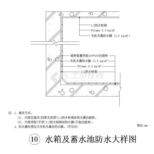 水箱及蓄水池防水大样详图-图一