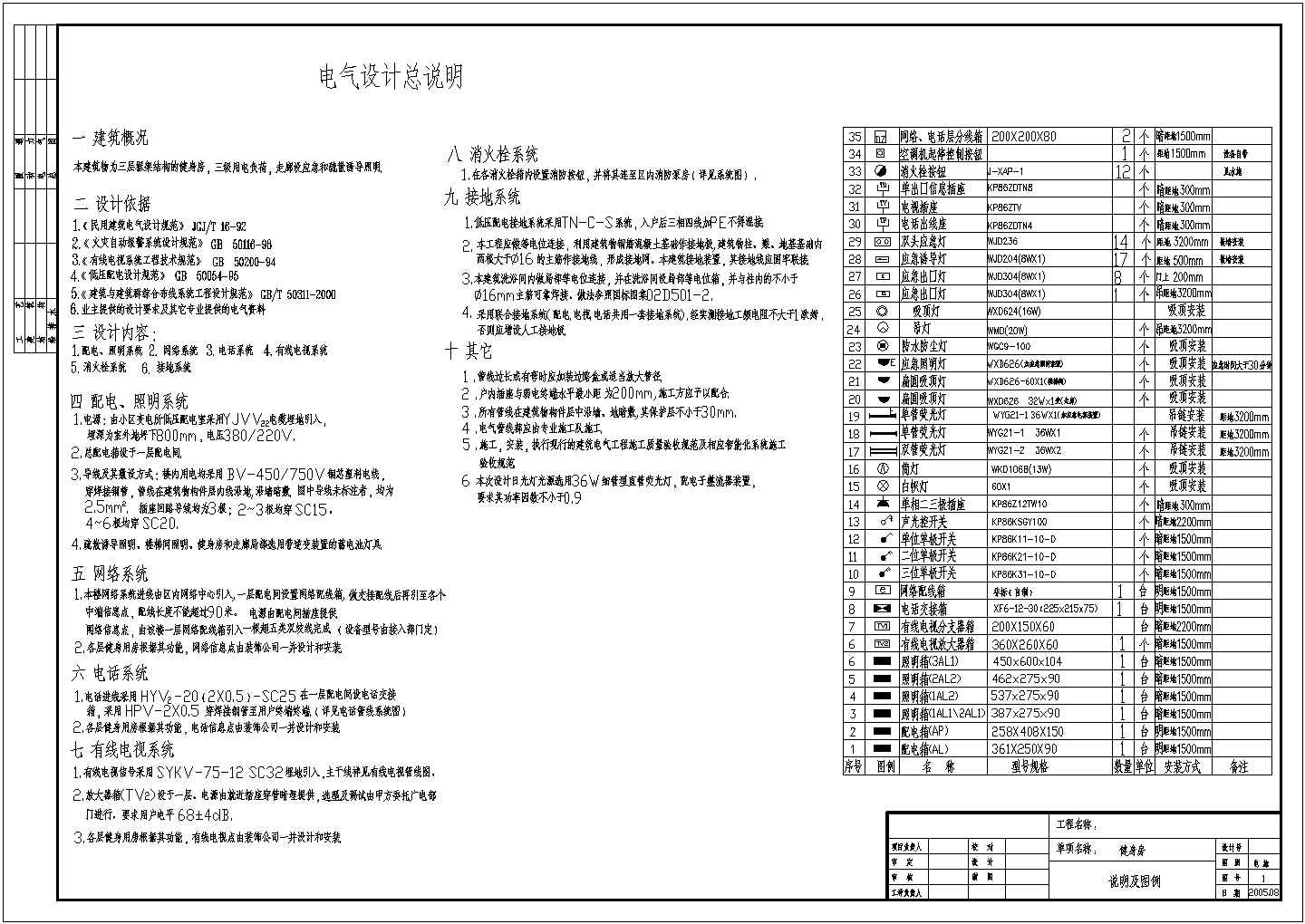 健身房电气设计图（含图纸目录和设计说明）