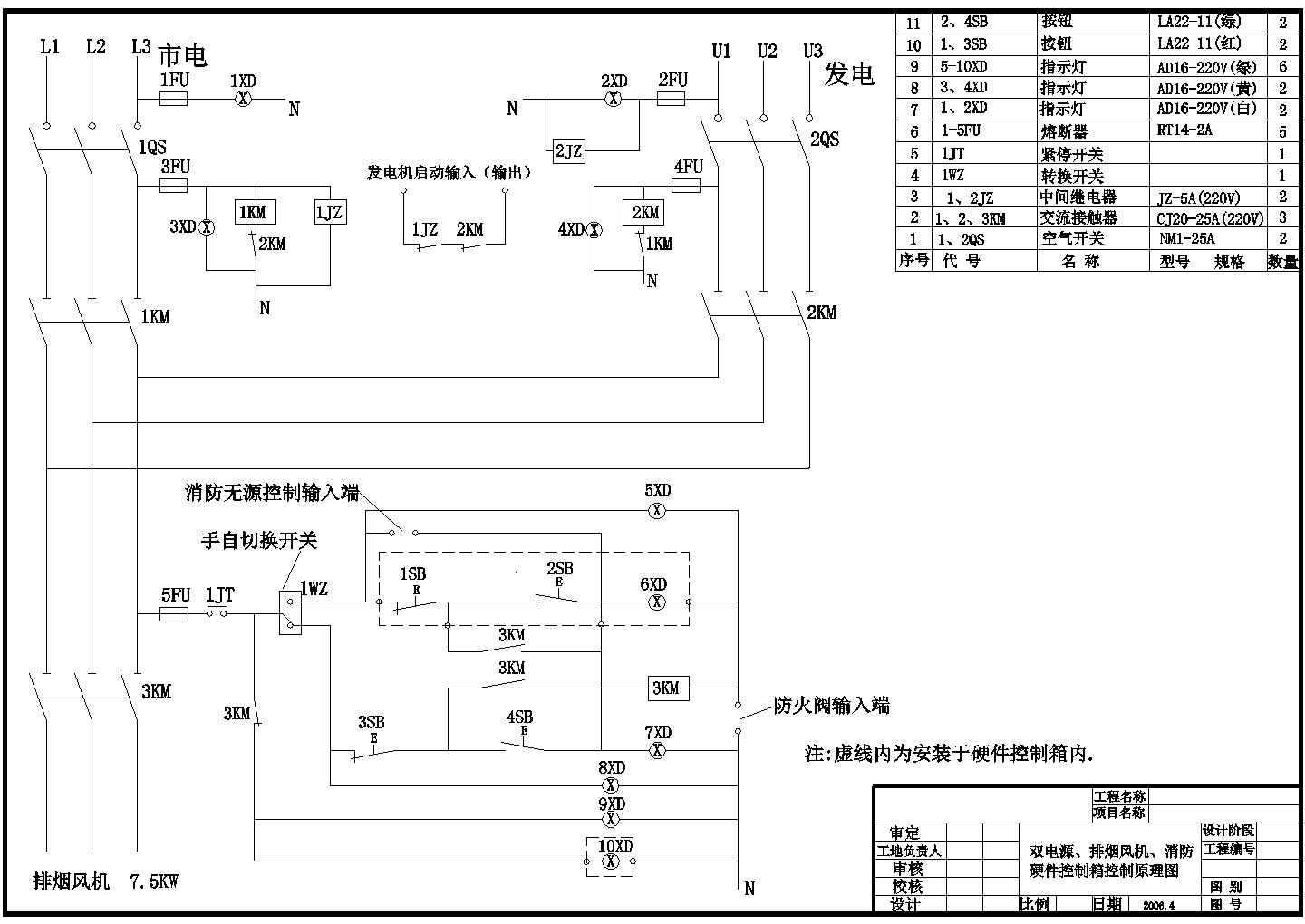 某车间双路电源、硬件箱排烟风机控制原理图