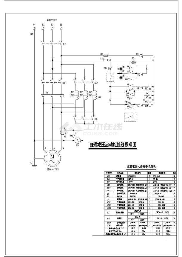 28KW～300KW自耦减压启动柜接线原理图（含主要电器元件规格名细表）-图一