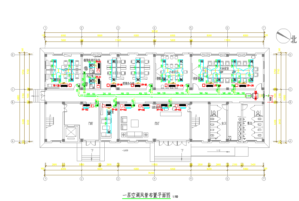 五层办公楼中央空调CAD平面布置参考图