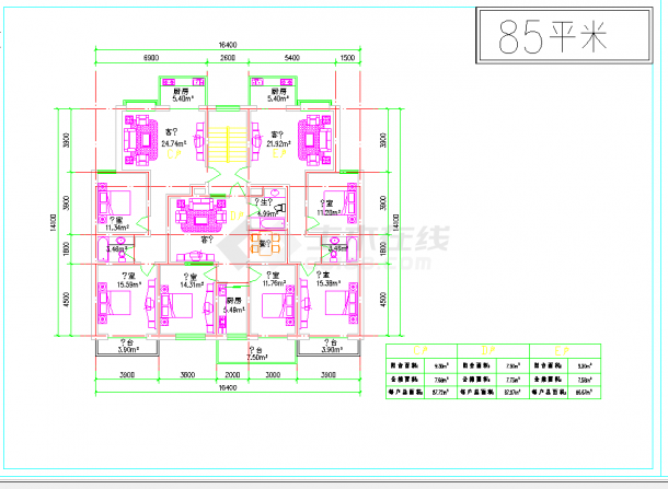 某地四种90平米以下多层住宅建筑平面CAD图纸-图二