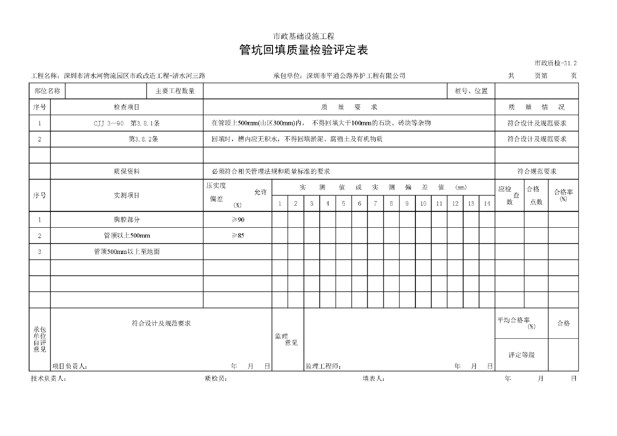 雨水Y10~Y13支管钢肋管DN800管坑回填质量检验评定表-图一