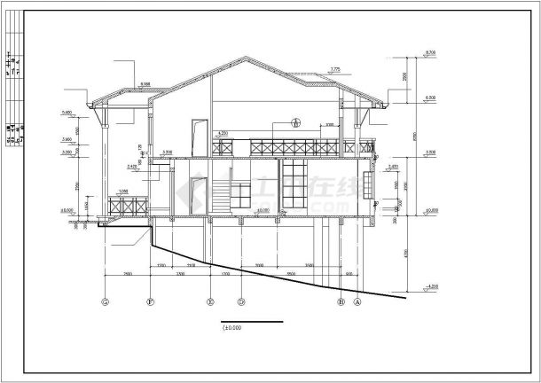 某两层坡地别墅建筑CAD图（标注详细）-图二