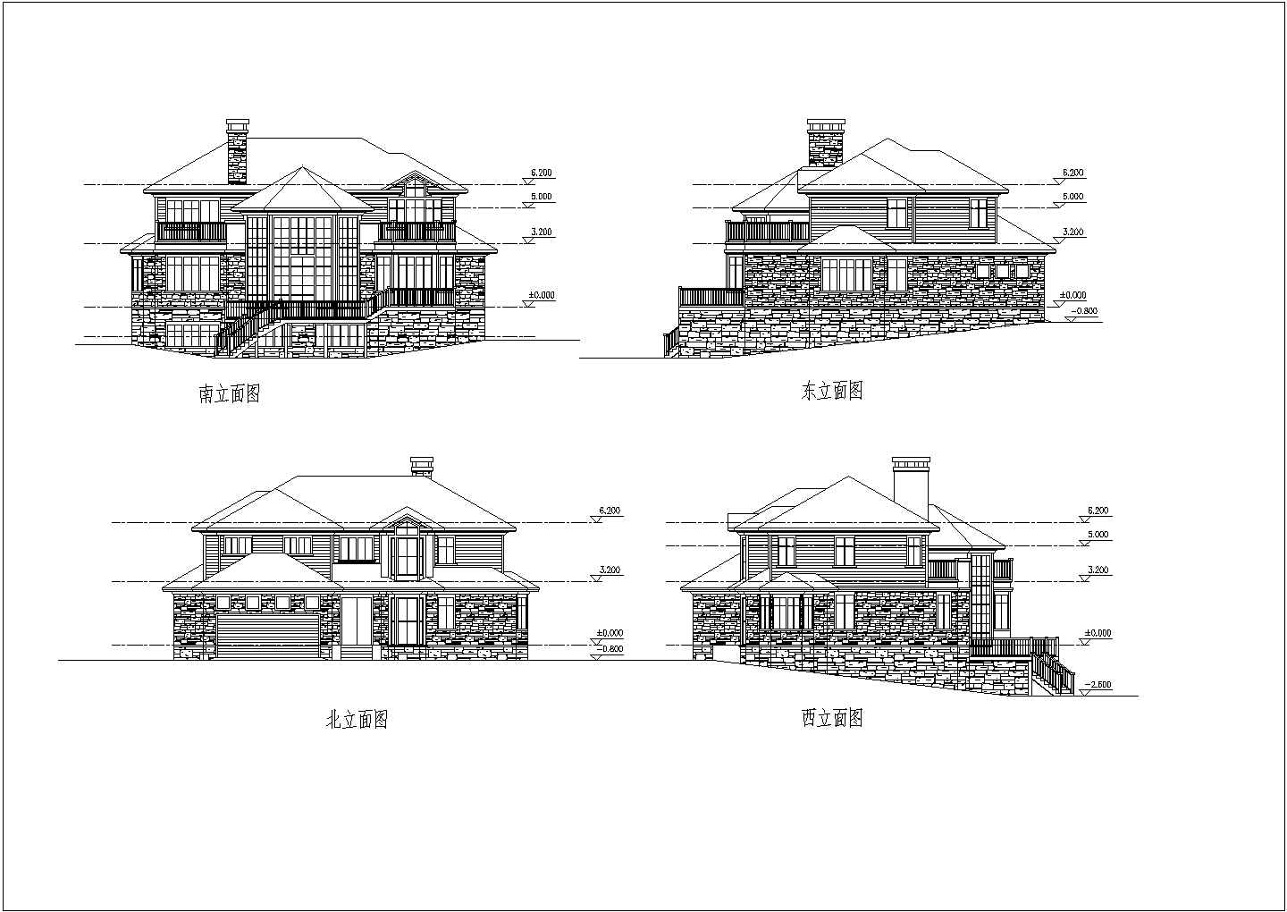 [施工图]某二层坡地别墅建筑CAD施工案图