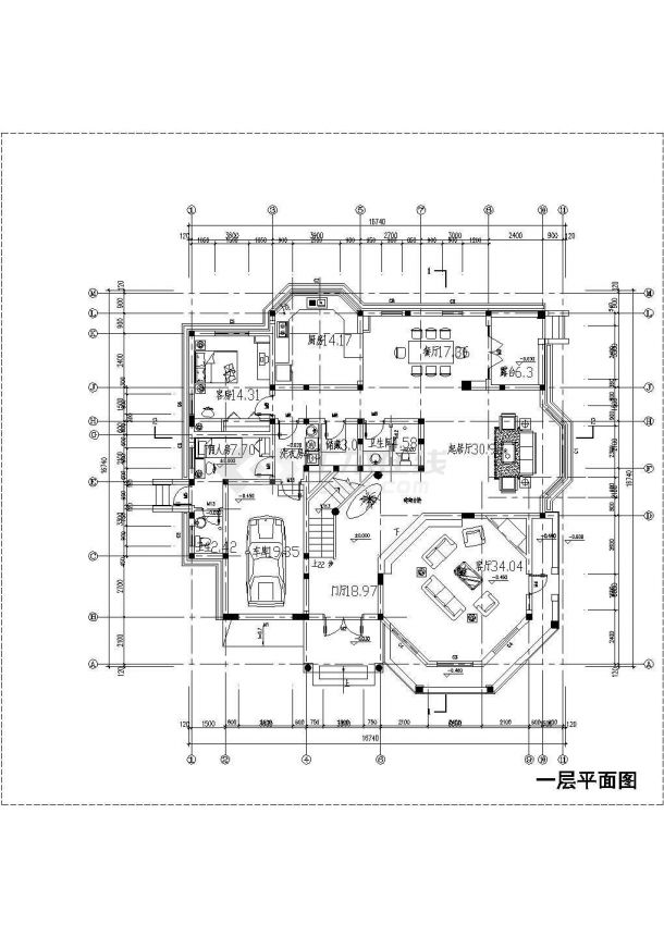 某二层欧式别墅建筑CAD设计图（B1户型）-图二
