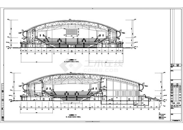 6018座钢桁架中央索承网壳组合屋架体育馆建筑结构施工图-图一