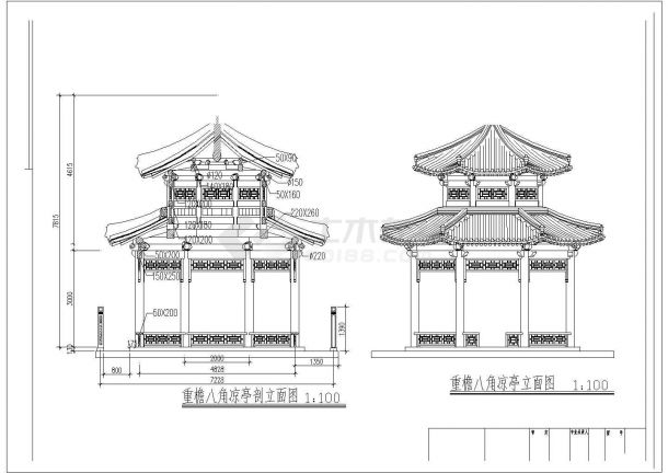 [仿古建]八柱重檐八角凉亭及曲桥组合施工图-图二