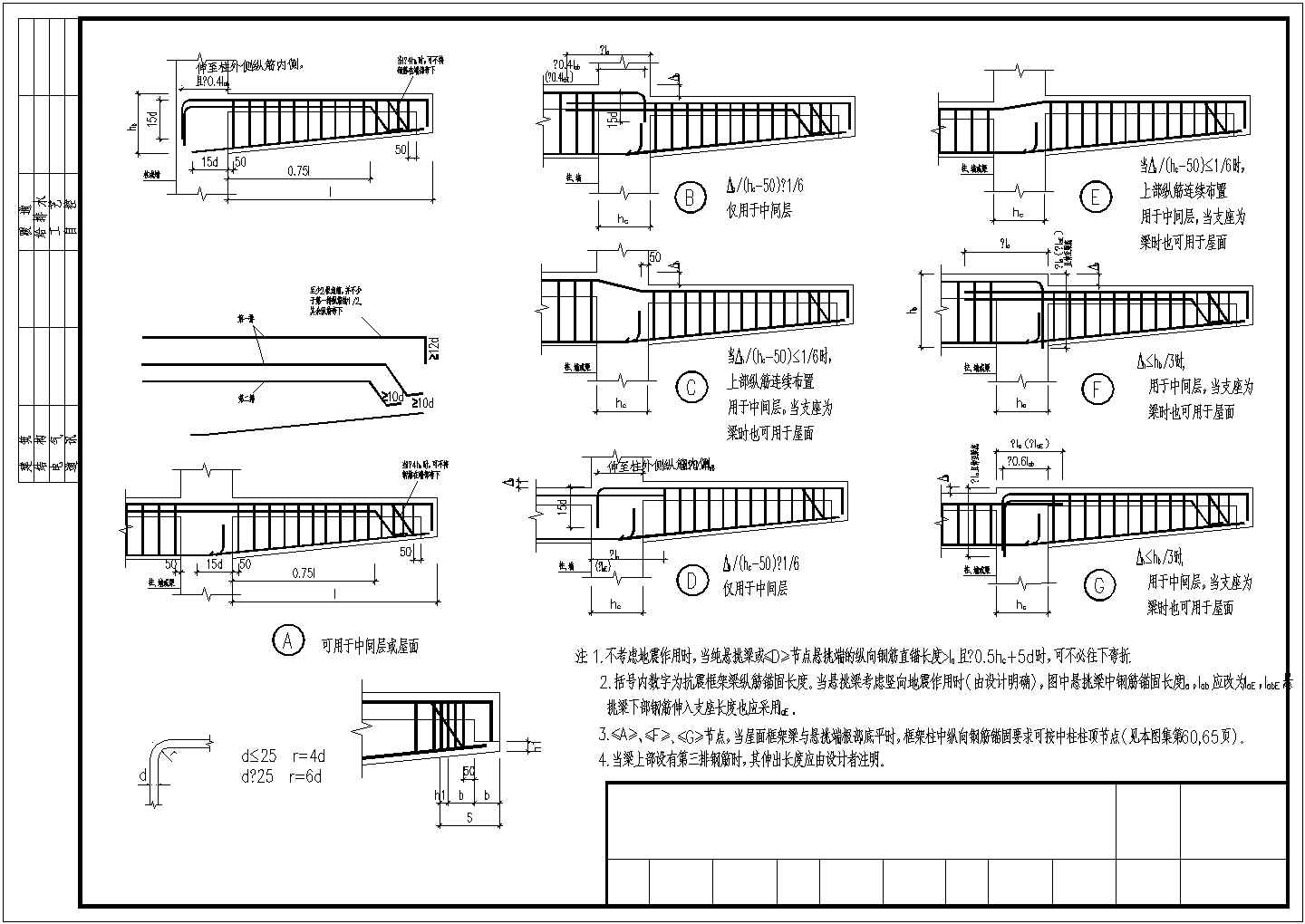 纯悬挑梁XL及各类梁的悬挑端配筋构造详图