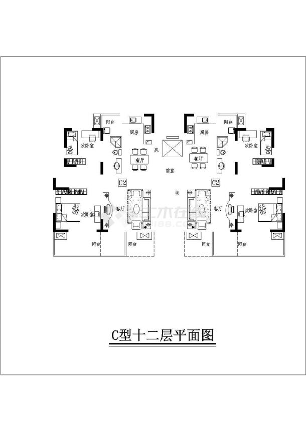 [方案]某多层、小高层板式住宅户型图（南梯、85平方米、中等户型）-图一