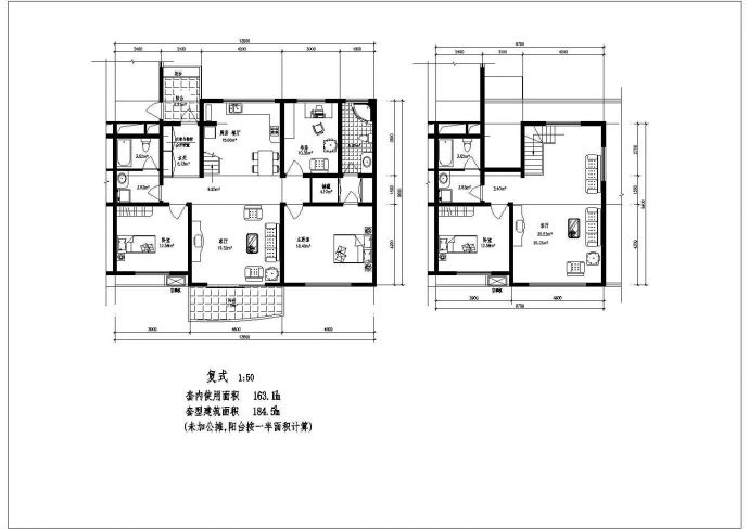 某地区板式多层单户二室一厅二卫带复式户型建筑图cad_图1