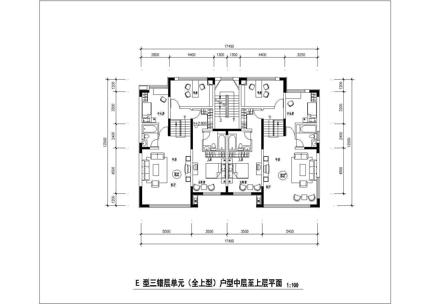 某多层住宅楼复式户型建筑cad图（板式、中等户型）