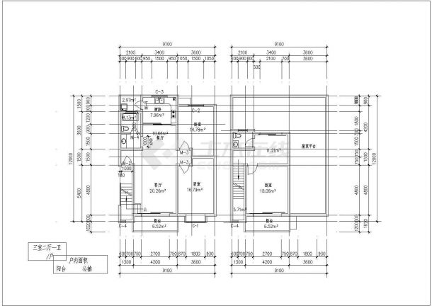 某地复式一梯二户三室二厅一卫户型图(301.2平米)-图一