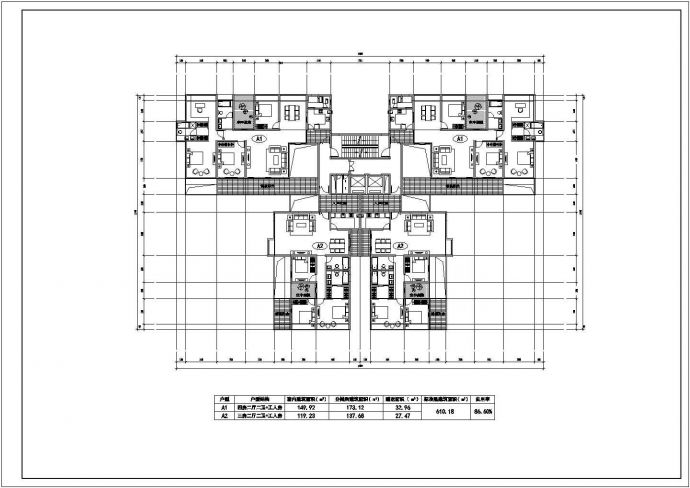 某地塔式高层一梯四户建筑cad户型图(板式)_图1