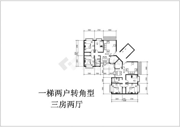 板式多层一梯二户转角型三室二厅户型图(小户型)-图一