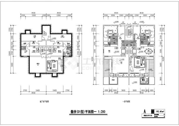 某五层叠拼别墅户型建筑cad图（板式、192、166平方米）-图一
