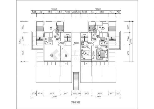 某叠拼别墅跃层户型建筑cad图（182平方米）-图二