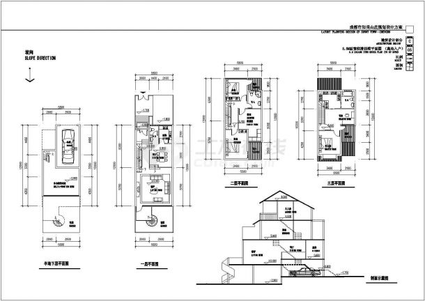 两套三层坡地联排别墅户型图（含半地下室）-图一