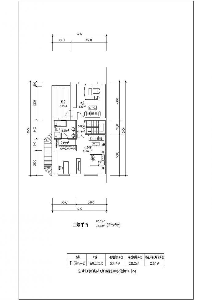 某三层带车库联排别墅端头建筑户型cad图（北入口、239平方米）_图1