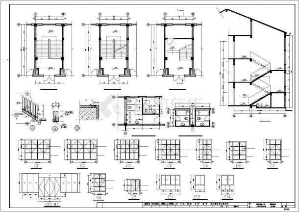 某地精美实用的3层商务中心施工建筑cad图（框架剪力墙）-图二