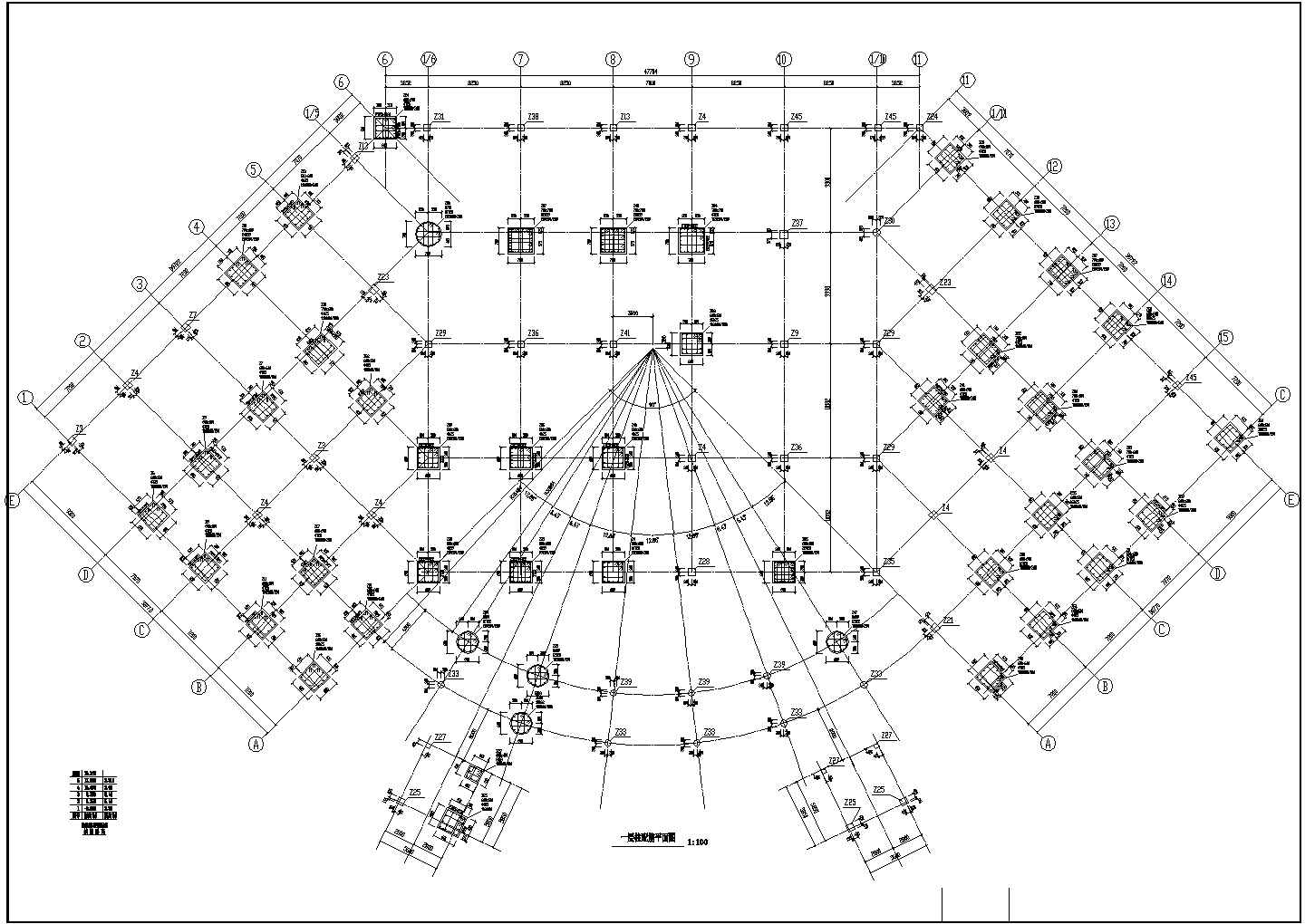 某扇形桩基础框架结构三层食堂结构施工图