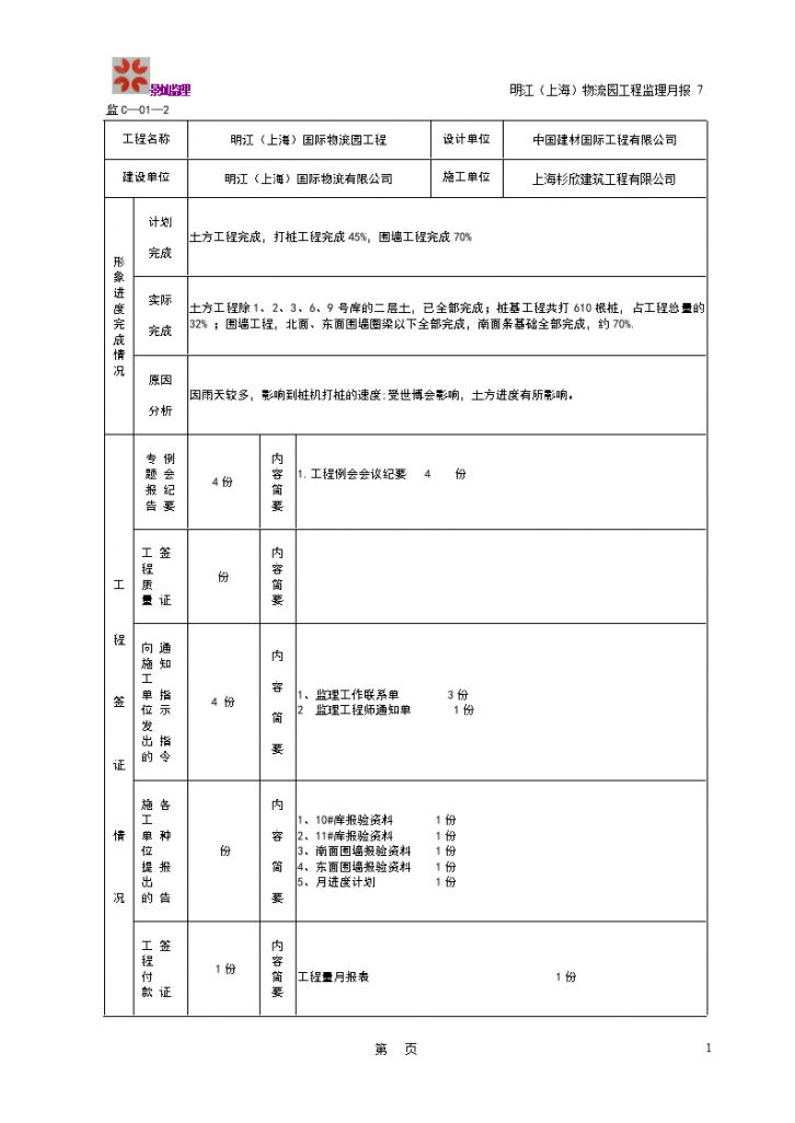 明江（上海）国际物流园工程建设监理工作月报-图二