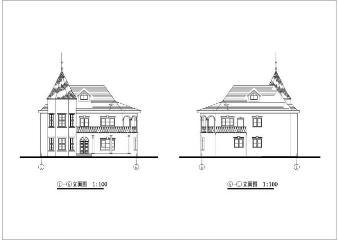 某地别致三层尖屋顶别墅建筑设计图纸_图1