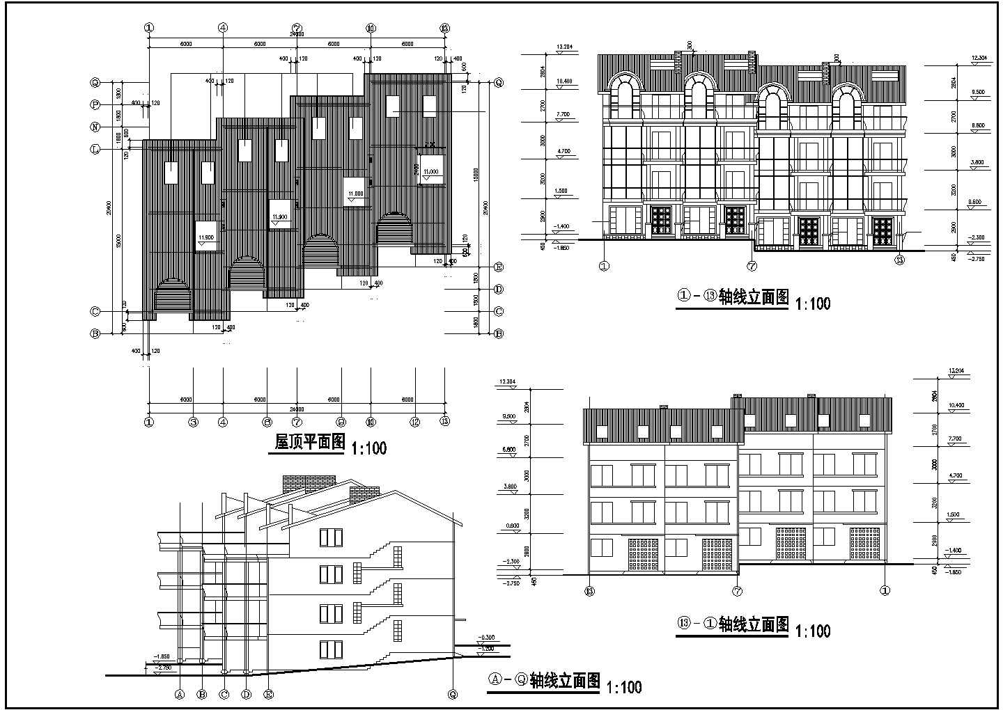 欧式风格4户联排自建房屋建筑设计图纸