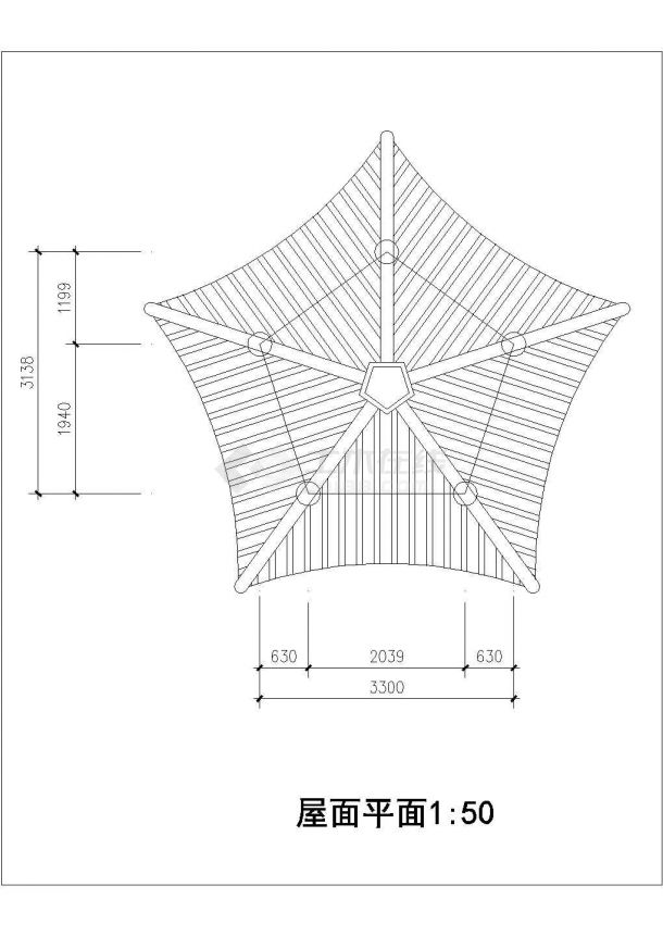 某单层砖木结构古建亭子建筑方案图系列五角亭